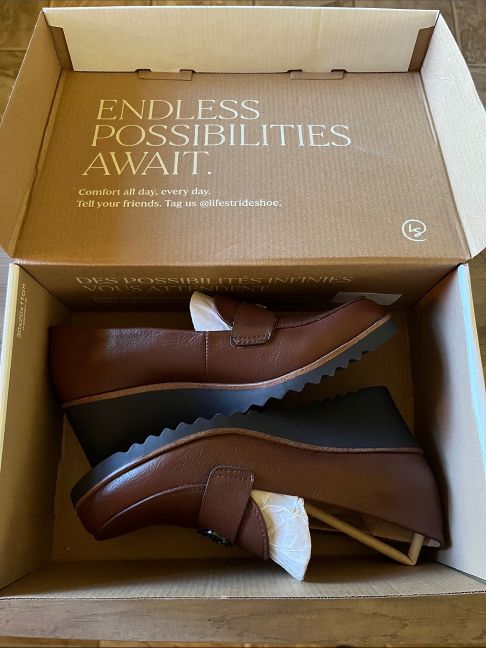 Life Stride Women's Brown Leather Wedge Loafers with Gold Emblem